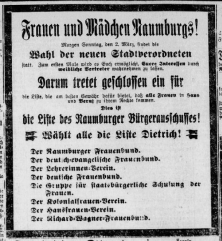 Bürgerliche Frauenvereine warben 1919 für die Liste des Naumburger Bürgerausschusses und sprachen „Frauen und Mädchen Naumburgs“ an, zur Wahl zu gehen.